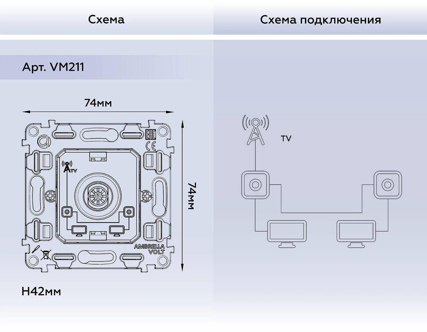 Механизм TV розетки проходной 5-1000 MHz 4dB QUANT (Ambrella Volt, VM211) - Amppa.ru