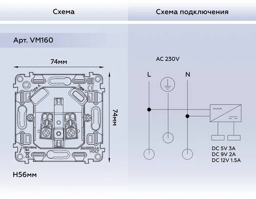 Механизм электрической розетки 2USB A+C 20W (быстрая зарядка) с/з на винтовых зажимах QUANT (Ambrella Volt, VM160) - Amppa.ru