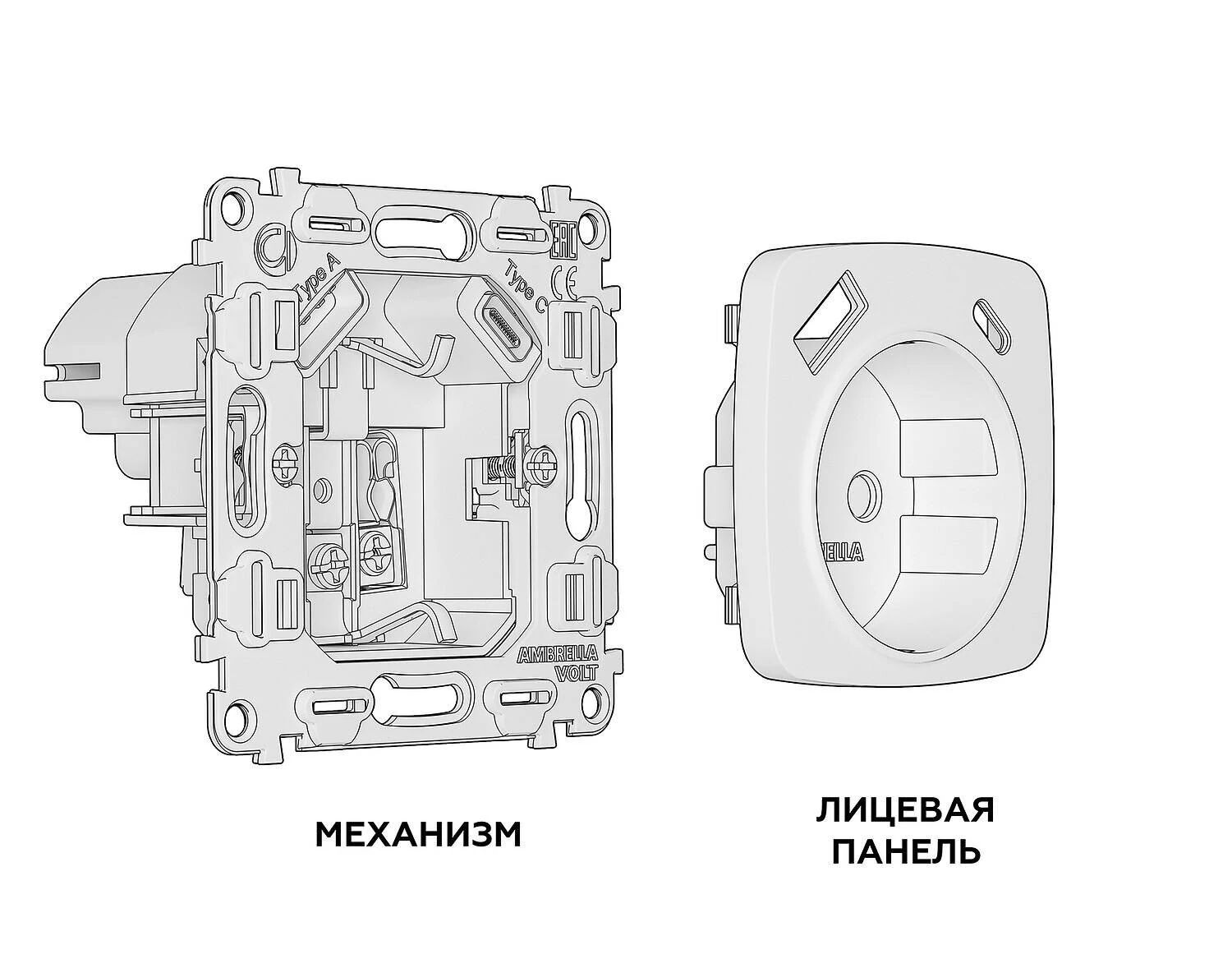 Комплект механизма электрической розетки OMEGA Антрацит серый 2USB A+C 20W (быстрая зарядка) с/з QUANT (OP6600, VM160) (Ambrella Volt, MO660010) - Amppa.ru